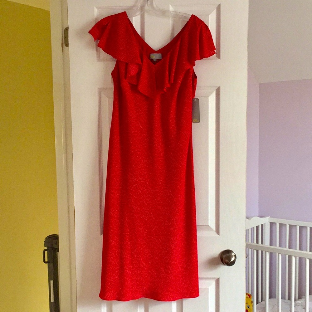 Boutique Linea Domani Red Polkadot Ruffle Shoulder Dress - NEW